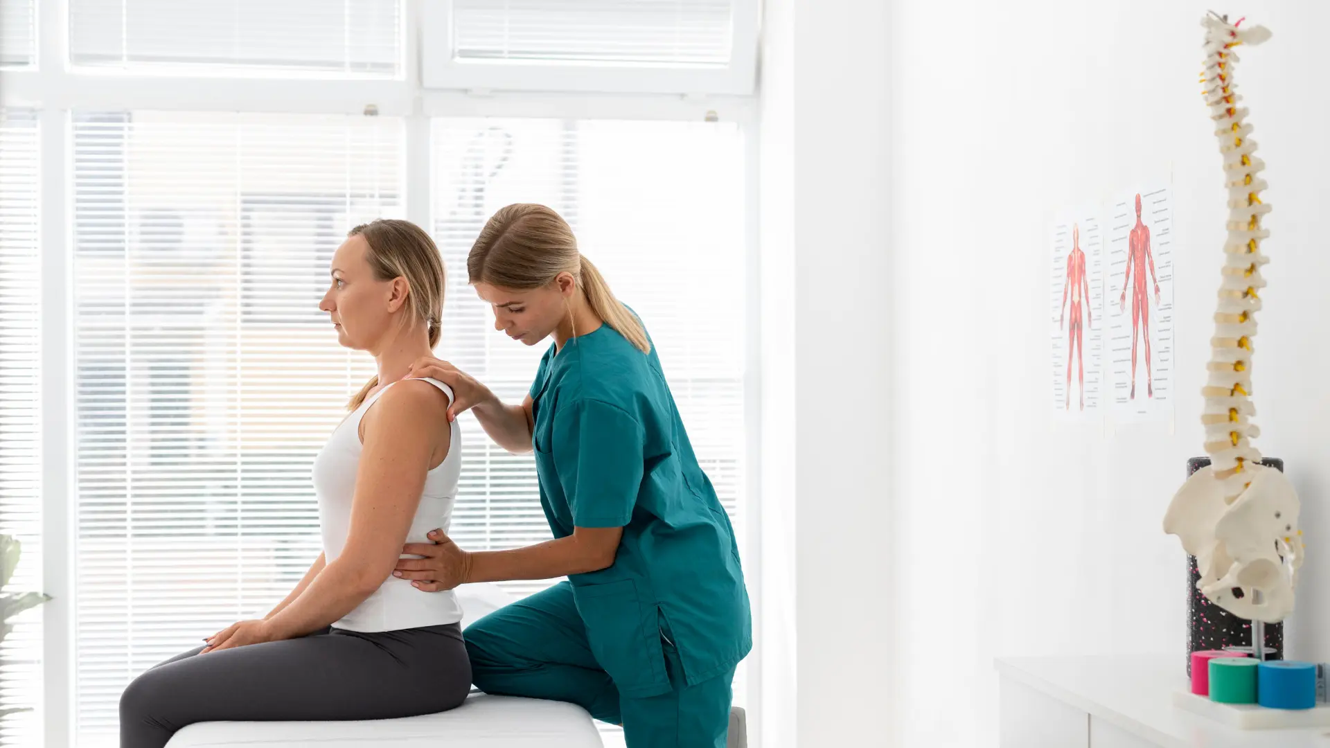 Paciente sentada em maca enquanto médica avalia sua coluna